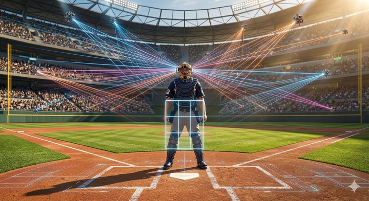 Baseball robot umpire technology 2026, Hawk-Eye camera tracking pitch over home plate with digital strike zone, MLB challenge system Spring Training.