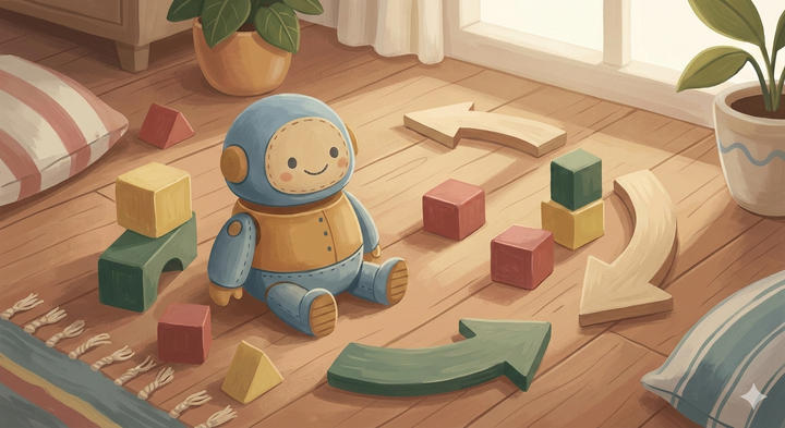 A small friendly robot surrounded by colourful coding blocks and arrow shapes on a wooden floor, illustration for a guide to robotics toys for 4-year-olds