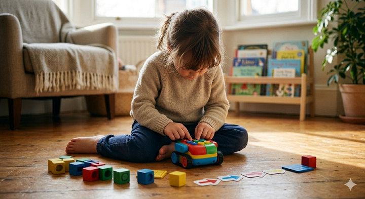 A young child delighted by a coding robot, an ideal first robotics toy for 5 and 6 year olds.