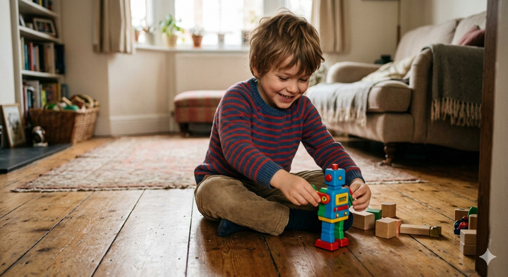 Child aged 6-7 playing with a small coding robot on a wooden floor at home, looking focused and engaged